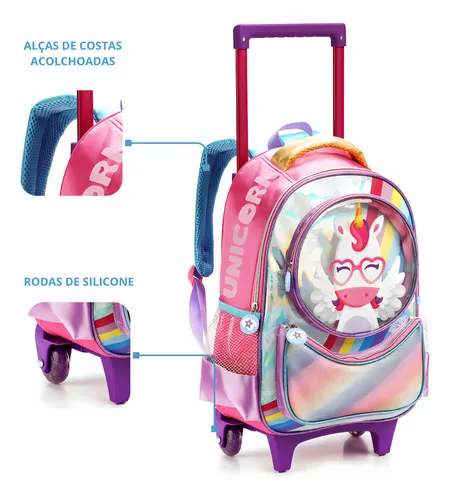 Mochila Escolar Infantil Com Rodinhas Unicornio Da Denlex 1