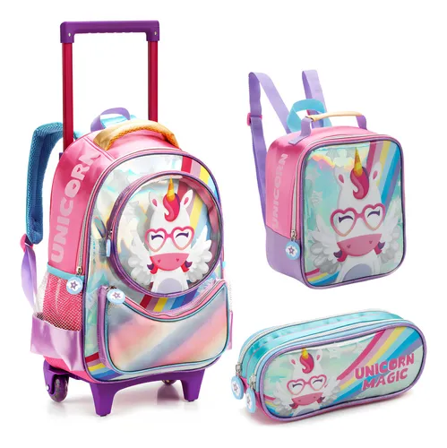 Mochila Escolar Infantil Com Rodinhas Unicornio Da Denlex 4