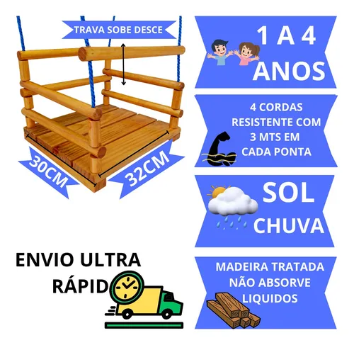 Cadeirinha De Balanco Infantil Madeira Corda Em Nylon 12 Mts 3