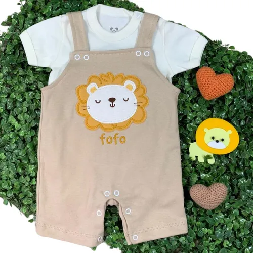 Conjunto Jardineira Macacao Curto Leao Body Curto Mostarda 2