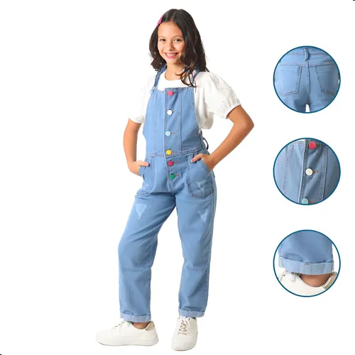 Jardineira Macacao Comprida Jeans Feminina Infantil Caracoleza 1