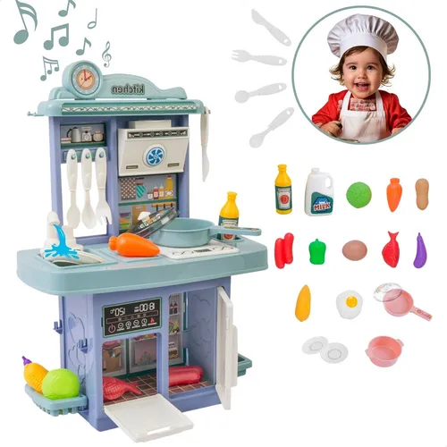 Kit ATENTU Mini Cozinha De Brinquedo Cor Azul Infantil Completa Solta Agua E Som 1